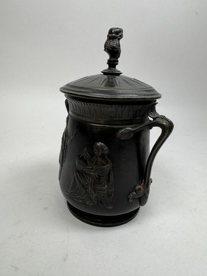 Antique-style bronze lidded pot with figurative...