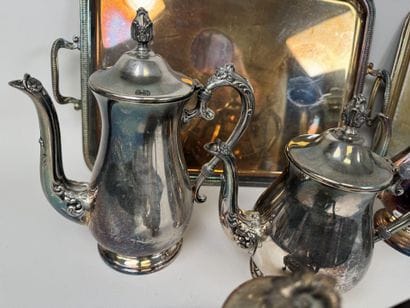 Silver plated tea service set with wooden...