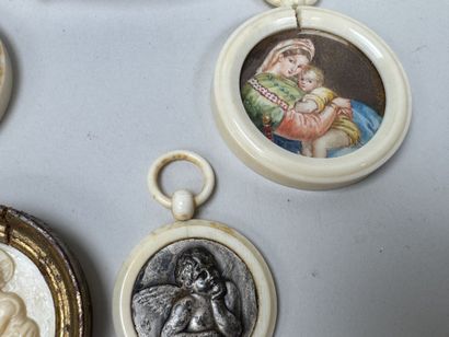4 religious miniature pendants made of synthetic...