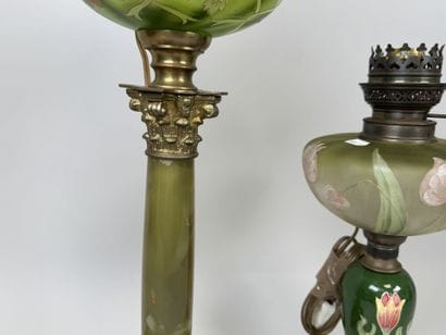 Two kerosene lamps made of bronze, metal,...