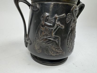 Antique-style bronze lidded pot with figurative...