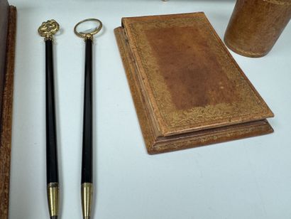 Brown leather desk set with gold embossing,...