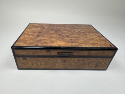 Wooden cigar humidor with a burl finish;...