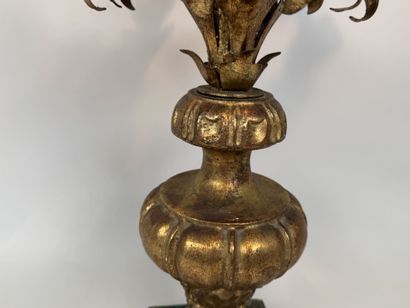 Pied de lampe en bois et métal doré à cinq...