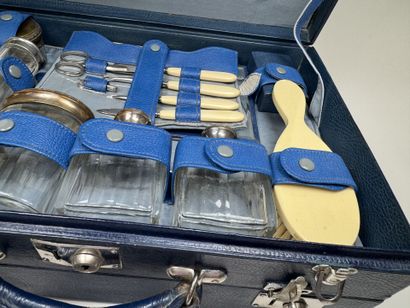 Blue leather travel toiletries case, with...