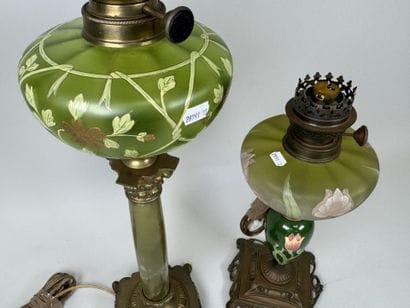 Two kerosene lamps made of bronze, metal,...