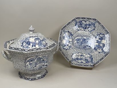 Large soup tureen on a stand, made of blue-and-white...