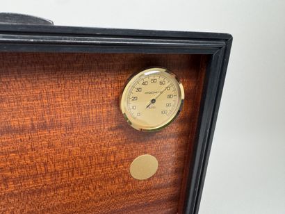 Wooden cigar humidor with a burl finish;...