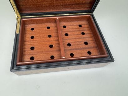 Wooden cigar humidor with a burl finish;...