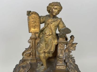 A pendulum clock with a golden patina, depicting...