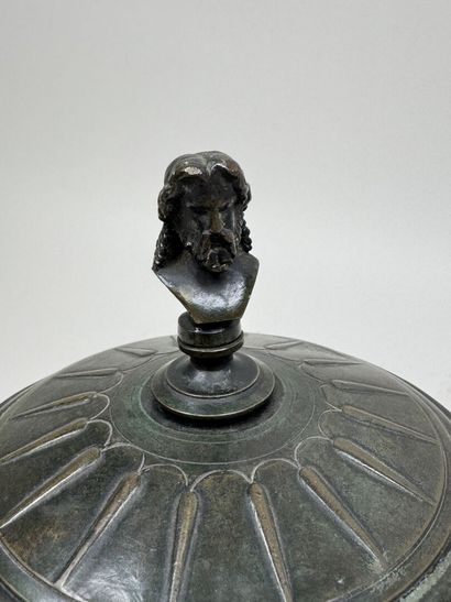 Antique-style bronze lidded pot with figurative...