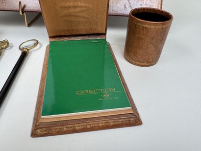 Brown leather desk set with gold embossing,...