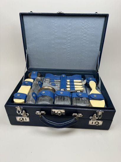 Blue leather travel toiletries case, with...