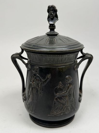 Antique-style bronze lidded pot with figurative...