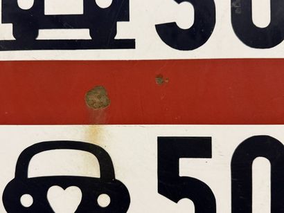 Round traffic sign made of polychrome enameled...