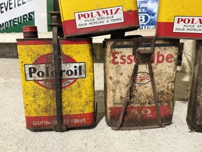 Set of 8 lithographed tin engine oil cans,...