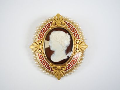 A large oval brooch in 18K yellow gold (750‰)...