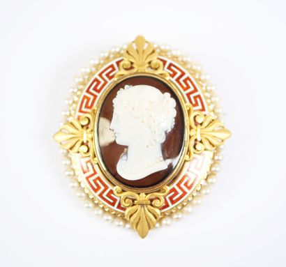 A large oval brooch in 18K yellow gold (750‰)...