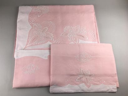 Parure de lit en coton rose et blanc brodée...
