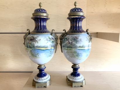 Pair of covered vases in Sèvres style porcelain...