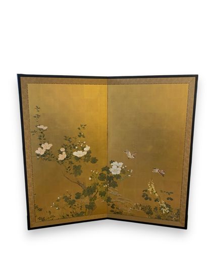 Paravent deux feuilles a motif peint polychrome...