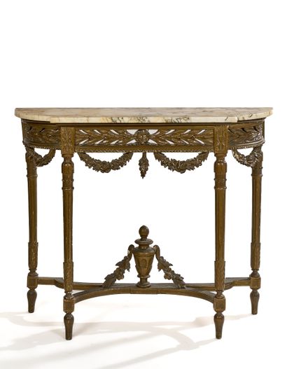 Console demi-lune en bois, la facade à décor...