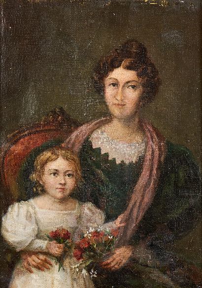 Ecole du XIXe
Portrait mère et enfant 
Huile...