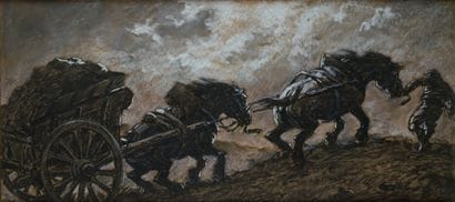 Julien LE BLANT (1851-1936) 
Chevaux au travail
Pastel...