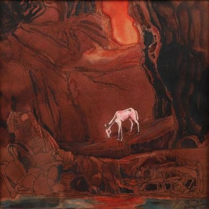Serge GRÈS (1899-1970).
Âne et ruine marquisienne.
Plume,...