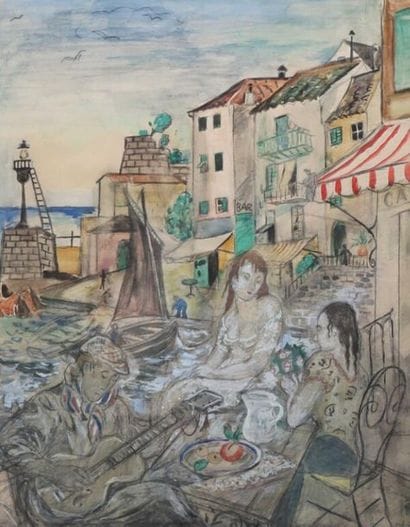 Ethel MARS (1876-1956). 
Le concert au port.
Aquarelle...