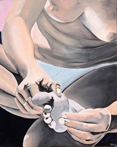 Massage de pied Huile sur toile signée en...