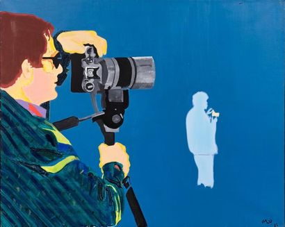 Paparazzi sur fond bleu Huile sur toile signée...