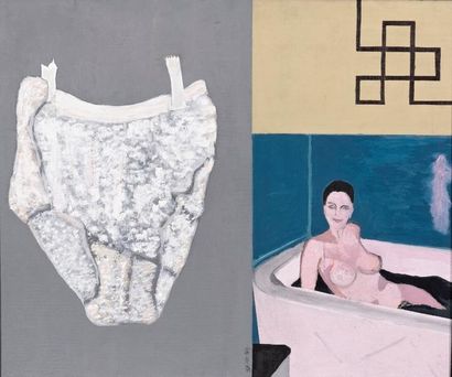 Femme au bain et petite culotte Toile marouflée...