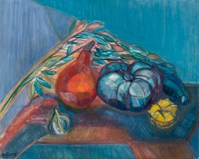 Nature morte aux potirons, fond bleu Toile...