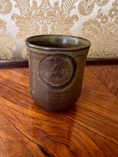 JAPAN ? 
Stoneware tumbler with shaded brown-green...