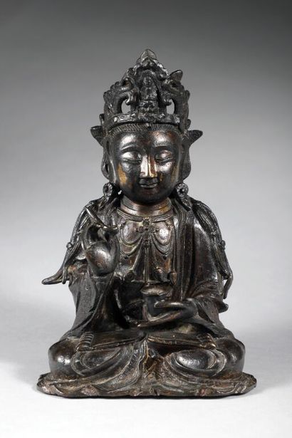 CHINE.
Bouddha en alliage de bronze anciennement...