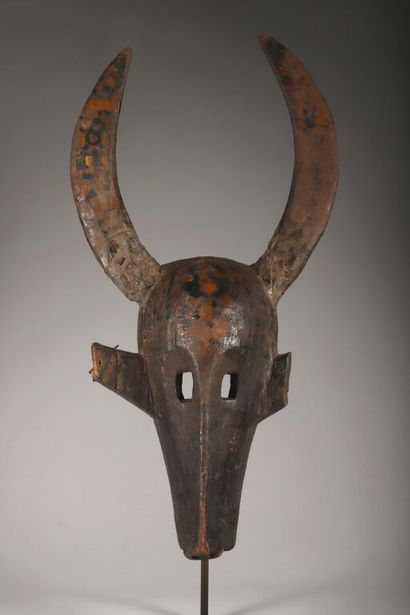 Buffalo mask with long horns. Old polychromy...