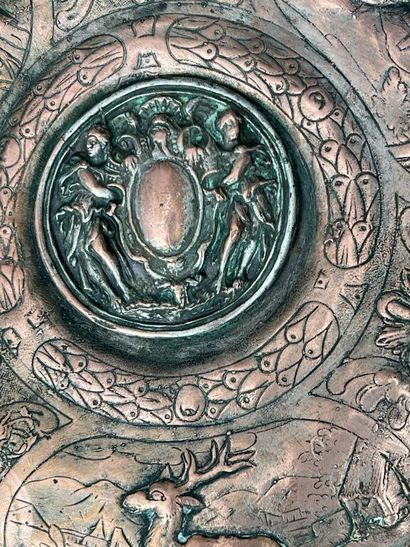 Circular offering dish in old silver-plated...