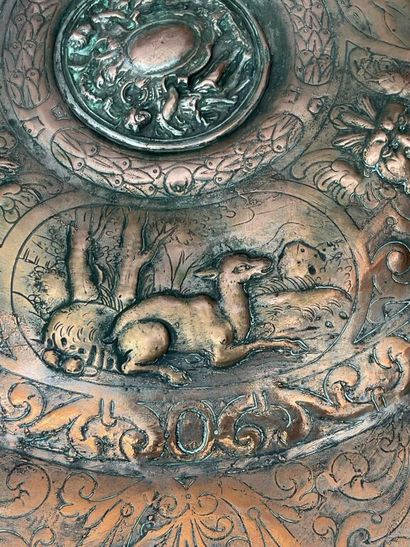 Circular offering dish in old silver-plated...