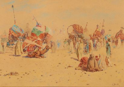 Alphonse BIRK (1859-1942).
La caravane.
Aquarelle....