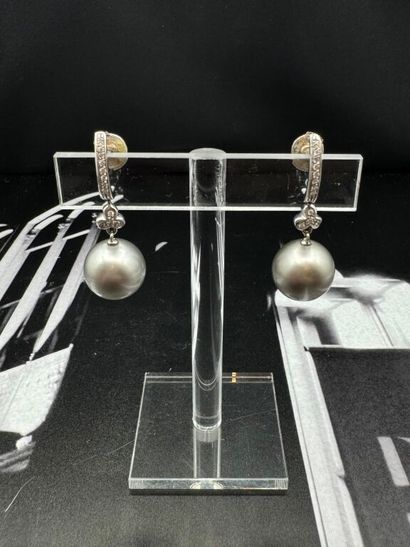 BOUCLES D'OREILLES en or gris 750‰, ornée...