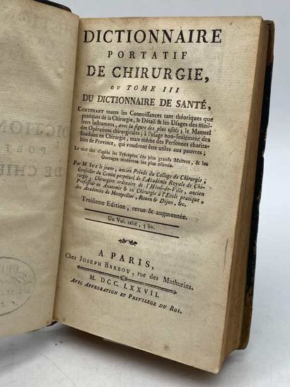 SUE, Pierre. Dictionnaire portatif de chirurgie,...
