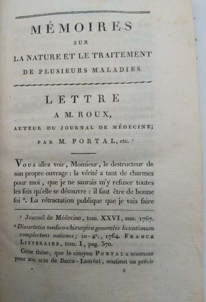 PORTAL, Antoine. Mémoires sur la nature et...