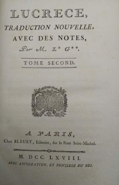 LUCRECE. De la Nature des Choses.
Published...
