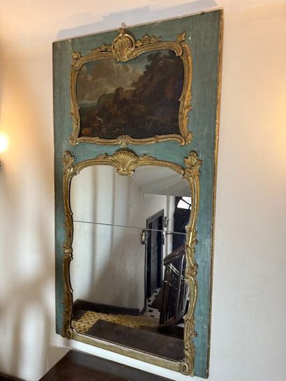 Gilded wood trumeau, green relacquered and...