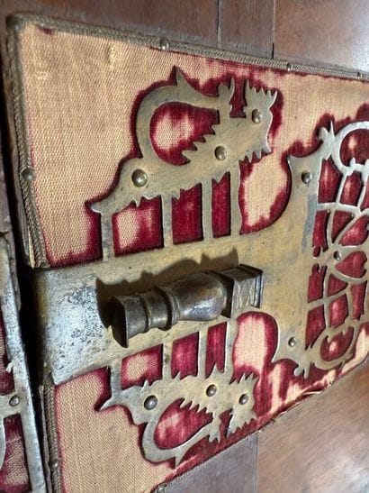 Richly carved walnut and bone bargueño with...
