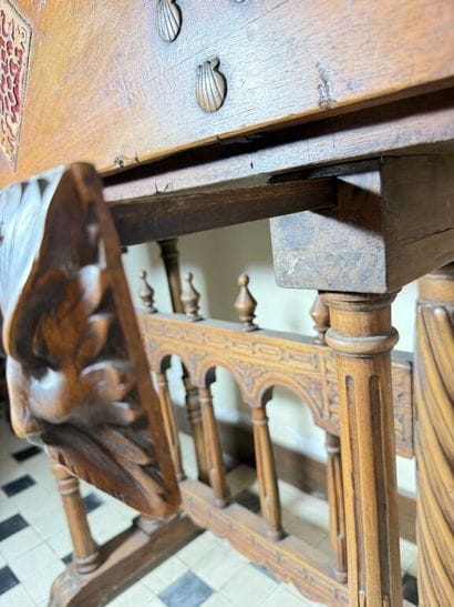 Richly carved walnut and bone bargueño with...
