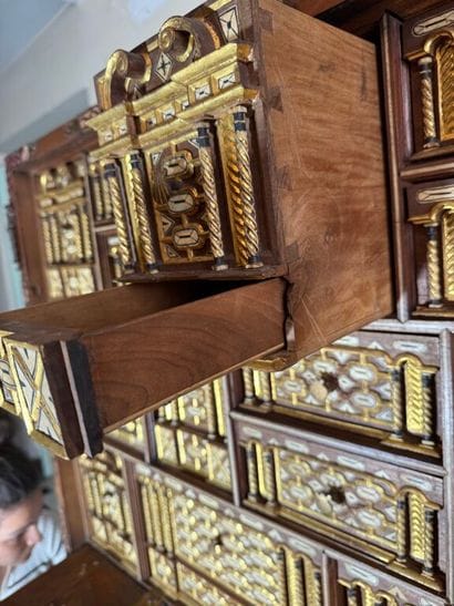 Richly carved walnut and bone bargueño with...