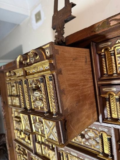 Richly carved walnut and bone bargueño with...