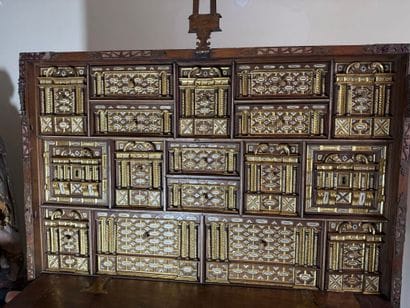 Richly carved walnut and bone bargueño with...